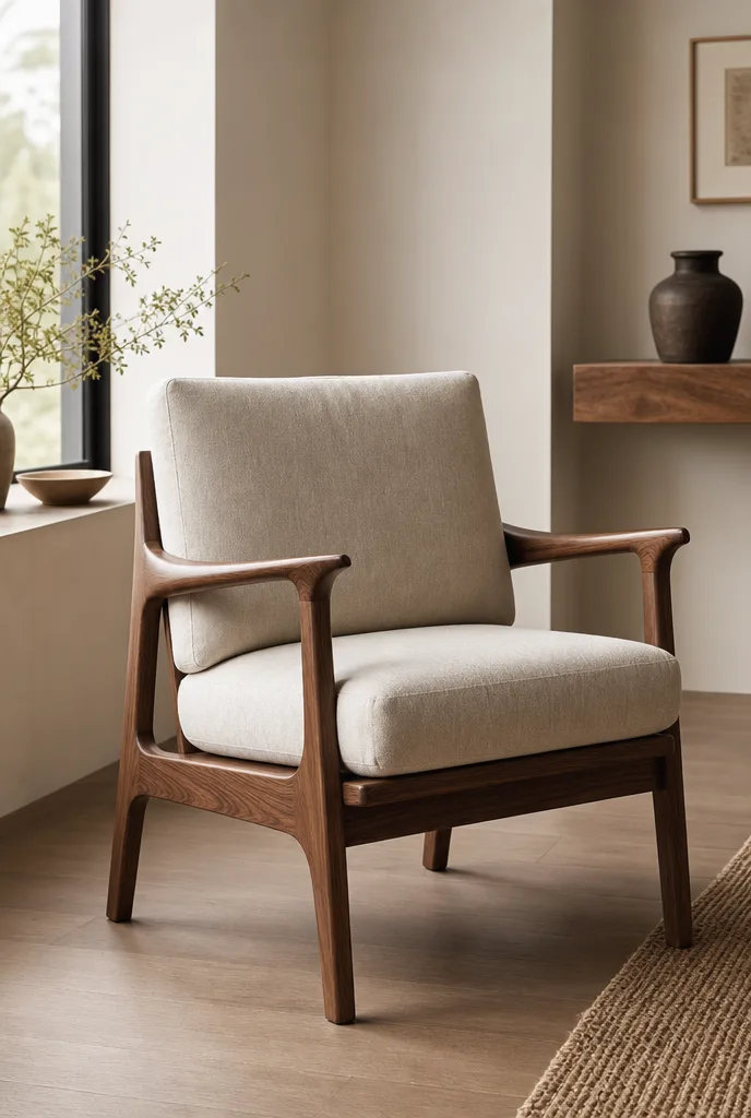 Japandi leeshoek met een lage linnen fauteuil en een rotan vloerlamp bij het raam