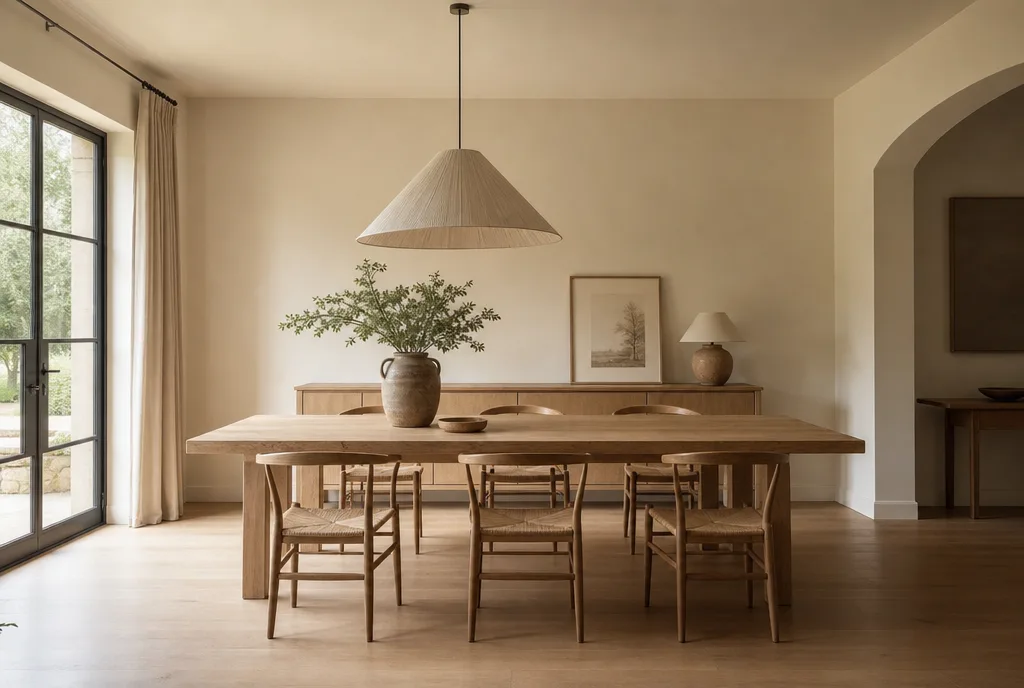 Japandi eetkamer met een lage eiken eettafel, houten stoelen en een papieren hanglamp