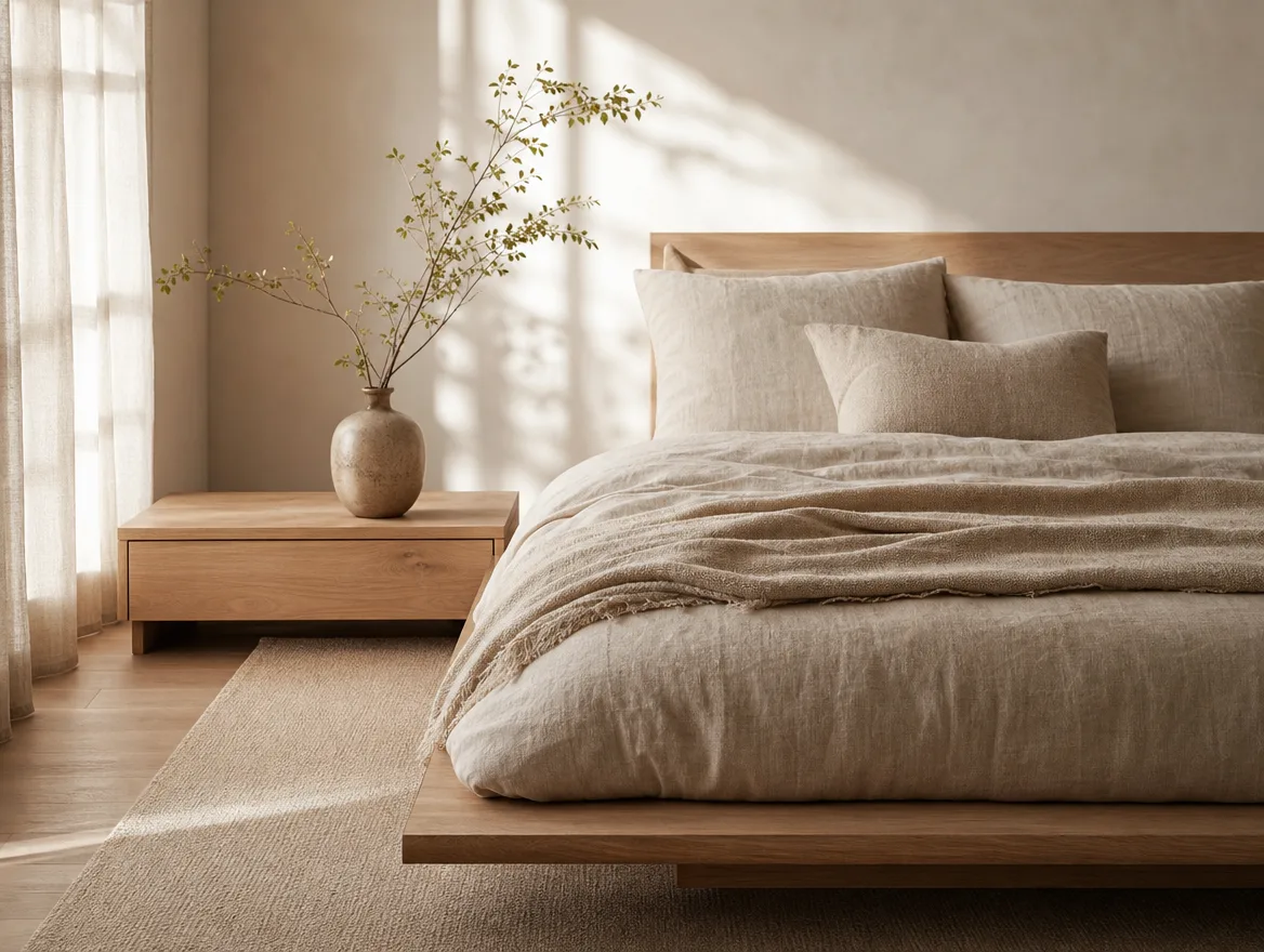 Japandi slaapkamer met laag houten bed en linnen beddengoed in warme zandtinten