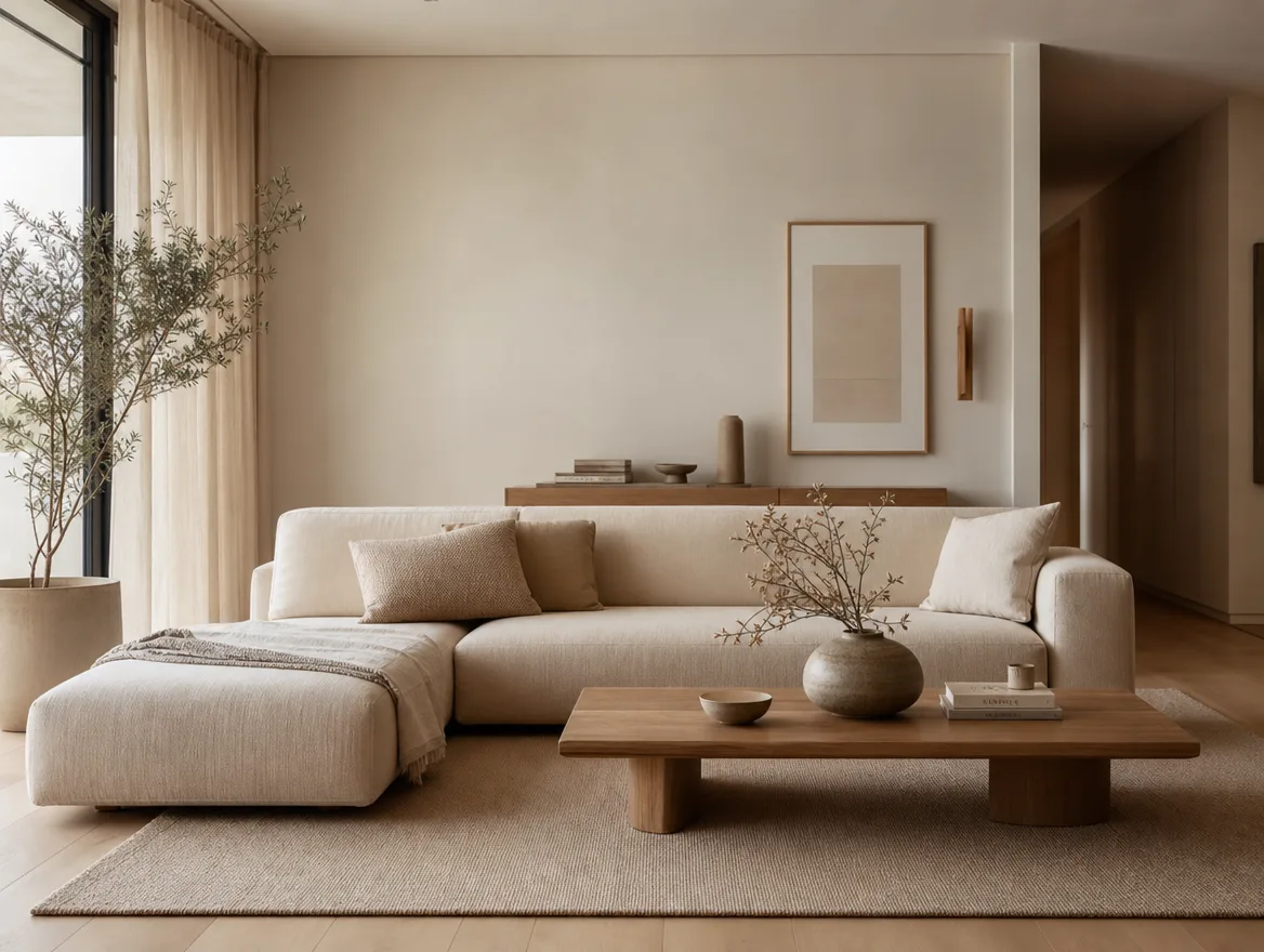 Japandi woonkamer met linnen bank, lage eiken salontafel en neutrale zandtinten